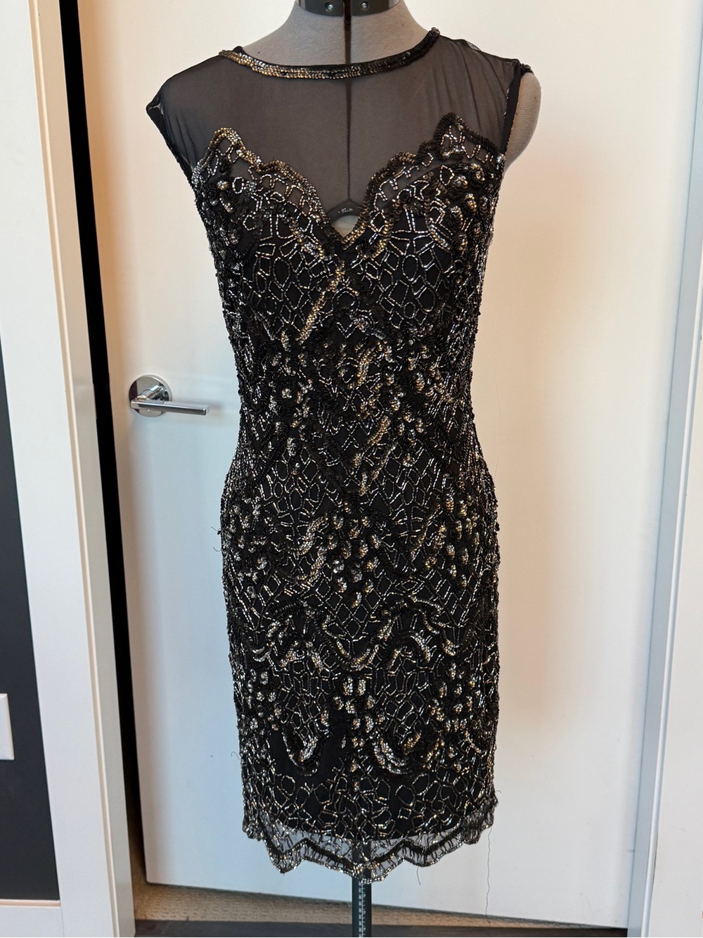 Miss Selfridge Black Tambour Beaded Mini Dress with Gold Accents
